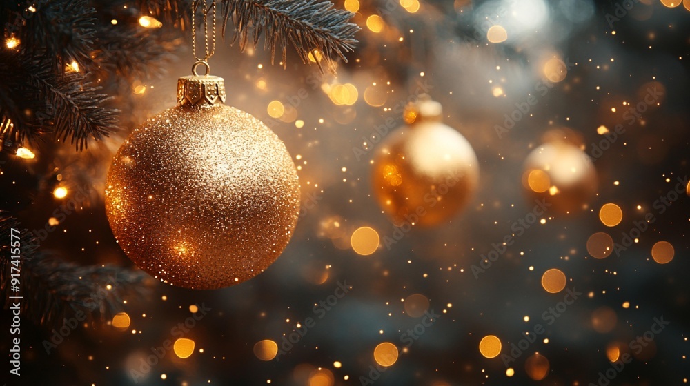 Christmas Light Decorations with Gold Confetti and Ornaments on Winter Background, Ideal for Holiday and New Year Imagery, Generative AI Christmas Light Decorations with Gold Confetti and Ornaments on Winter Background, Ideal for Holiday and New Year Imagery, Generative AI