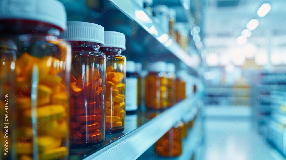 Close-up of medication bottles and pills in a modern pharmacy laboratory, healthcare pharmaceutical research Close-up of medication bottles and pills in a modern pharmacy laboratory, healthcare pharmaceutical research