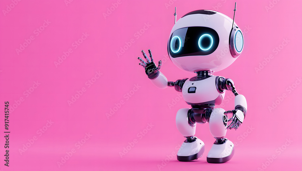 cute robot waving with one hand in shades of light blue, isolated on a solid pink background. with copy space design cute robot waving with one hand in shades of light blue, isolated on a solid pink background. with copy space design