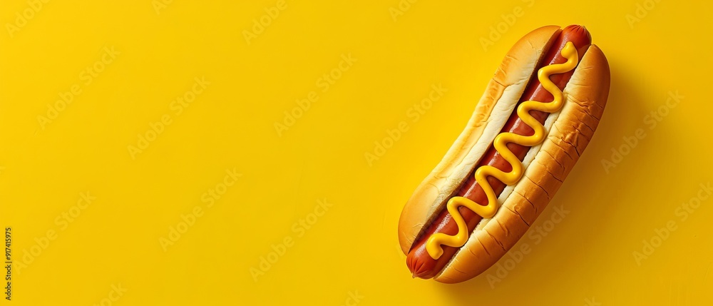 Classic hotdog with mustard on a vibrant yellow background Classic hotdog with mustard on a vibrant yellow background