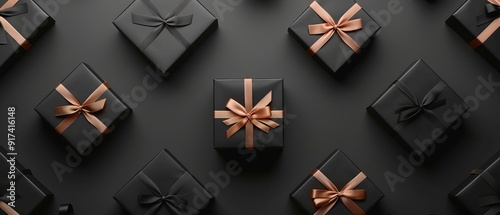Black gift boxes arranged on dark background, black friday discounts concept