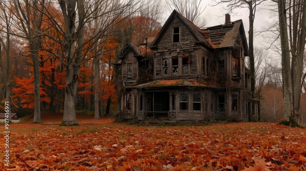 An abandoned house stands lonely amid vibrant autumn foliage and fallen leaves An abandoned house stands lonely amid vibrant autumn foliage and fallen leaves