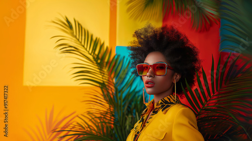 Creative portrait of a young, smiling, and confident girl with sunglasses, standing in front of a colorful background with summer elements, in the spirit of the Mediterranean and tropical days