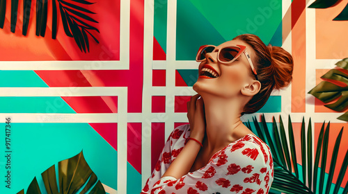 Creative portrait of a young, smiling, and confident girl with sunglasses, standing in front of a colorful background with summer elements, in the spirit of the Mediterranean and tropical days