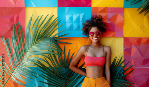 Creative portrait of a young, smiling, and confident girl with sunglasses, standing in front of a colorful background with summer elements, in the spirit of the Mediterranean and tropical days