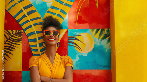 Creative portrait of a young, smiling, and confident girl with sunglasses, standing in front of a colorful background with summer elements, in the spirit of the Mediterranean and tropical days