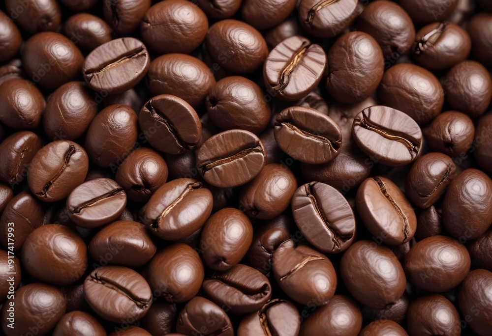 Close-up of roasted coffee beans, with their rich brown color and textured surfaces filling the frame