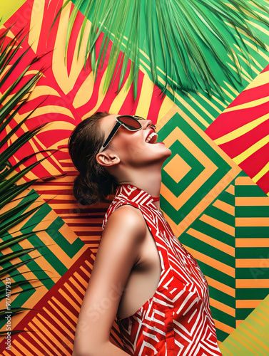 Creative portrait of a young, smiling, and confident girl with sunglasses, standing in front of a colorful background with summer elements, in the spirit of the Mediterranean and tropical days