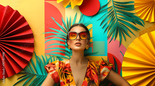 Creative portrait of a young, smiling, and confident girl with sunglasses, standing in front of a colorful background with summer elements, in the spirit of the Mediterranean and tropical days
