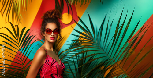 Creative portrait of a young, smiling, and confident girl with sunglasses, standing in front of a colorful background with summer elements, in the spirit of the Mediterranean and tropical days