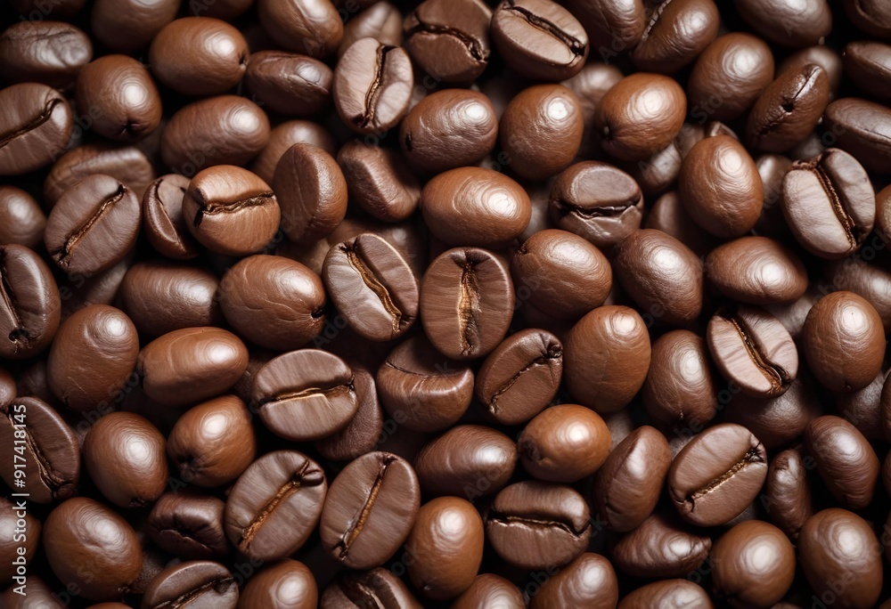 Close-up of roasted coffee beans, with their rich brown color and textured surfaces filling the frame
