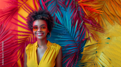 Creative portrait of a young, smiling, and confident girl with sunglasses, standing in front of a colorful background with summer elements, in the spirit of the Mediterranean and tropical days
