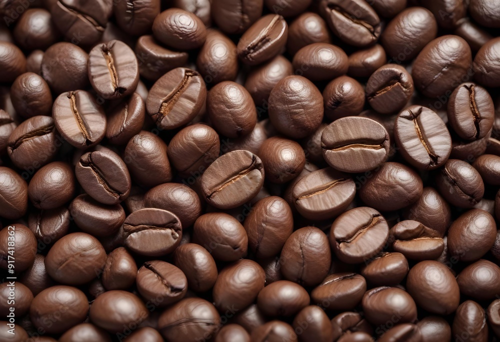 Obraz premium Close-up of roasted coffee beans, with their rich brown color and textured surfaces filling the frame