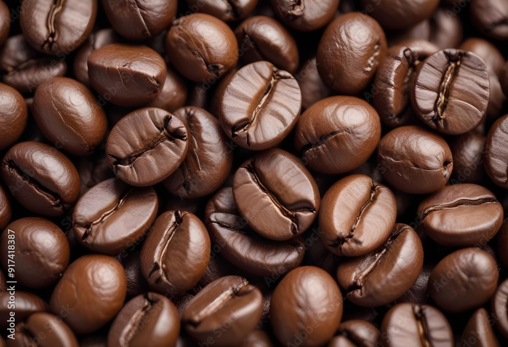 Close-up of roasted coffee beans, with their rich brown color and textured surfaces filling the frame