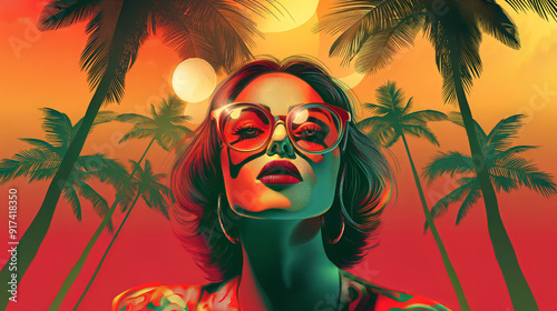 Retro portrait of a young, confident, and attractive girl standing in front of a row of palm trees during sunset on hot tropical days, with vibrant, strong, and summer colors
