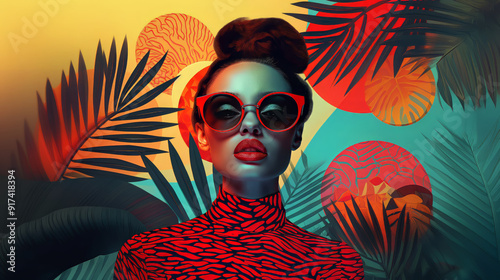 Creative portrait of a young, smiling, and confident girl with sunglasses, standing in front of a colorful background with summer elements, in the spirit of the Mediterranean and tropical days