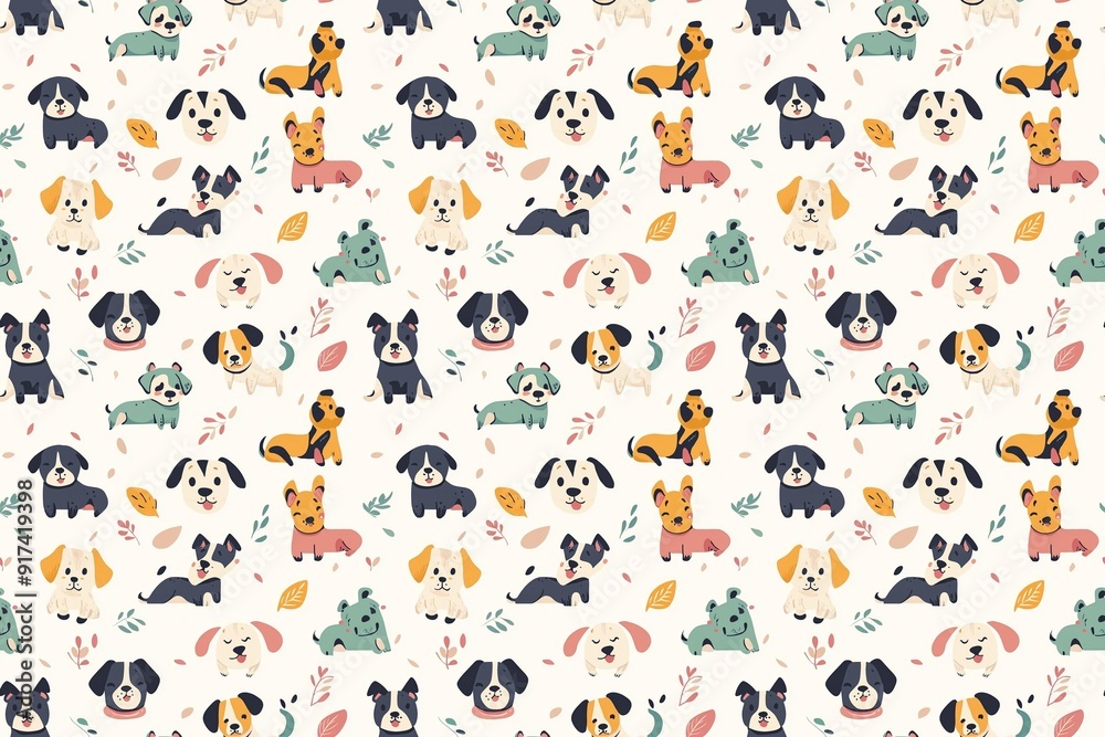 Cartoon dogs frolicking in a seamless, whimsical pattern with soft pastel hues Cartoon dogs frolicking in a seamless, whimsical pattern with soft pastel hues