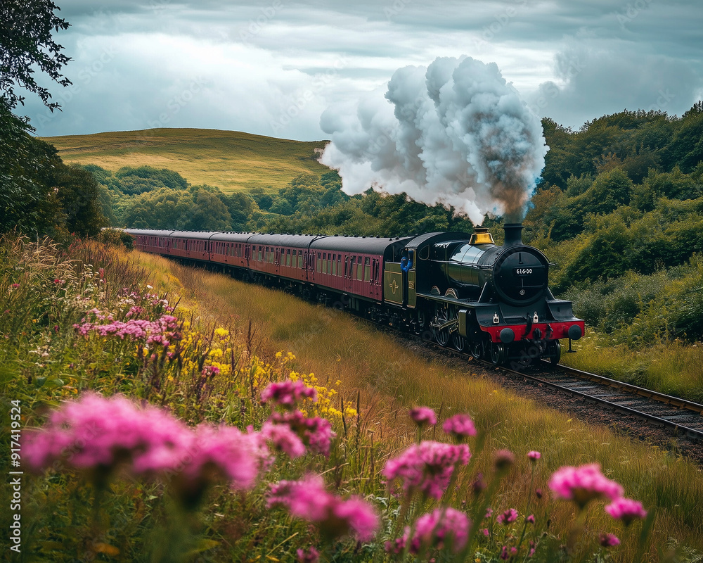 Obraz premium A steam train in the midst of a lush green countryside with wildflowers in the foreground