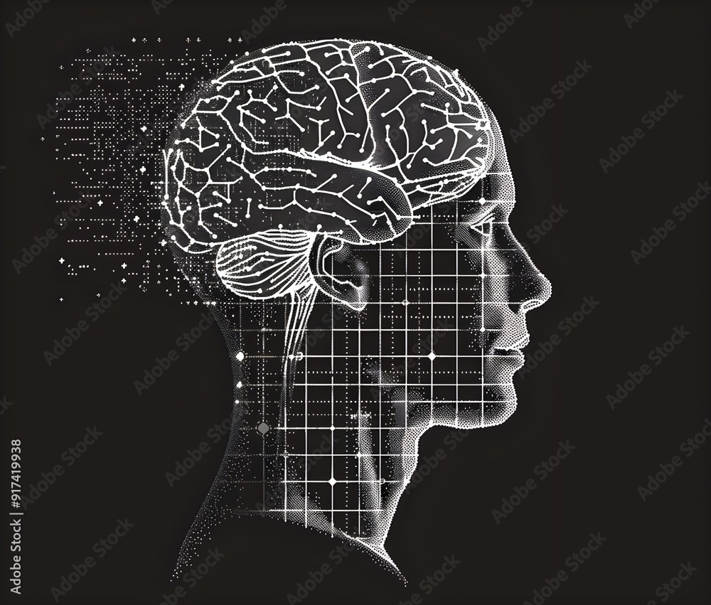 Fototapeta premium black and white vector illustration of the profile view human head with brain made from pixels, black background.
