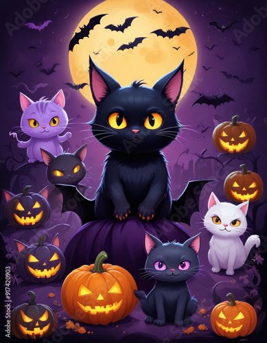 Cute baby bat like creatures or characters in various Halloween themed poses