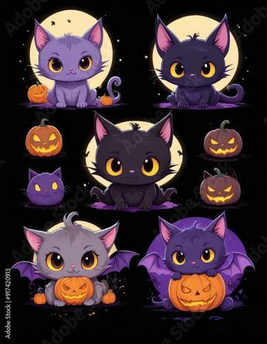 Cute baby bat like creatures or characters in various Halloween themed poses