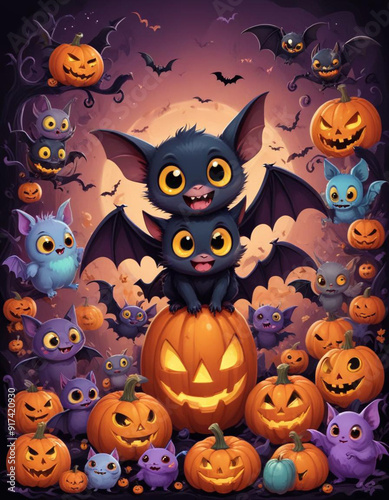 Cute baby bat like creatures or characters in various Halloween themed poses