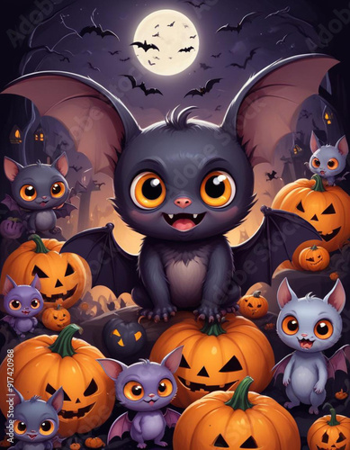 Cute baby bat like creatures or characters in various Halloween themed poses