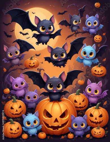 Cute baby bat like creatures or characters in various Halloween themed poses