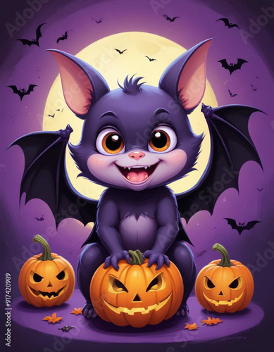 Cute baby bat like creatures or characters in various Halloween themed poses