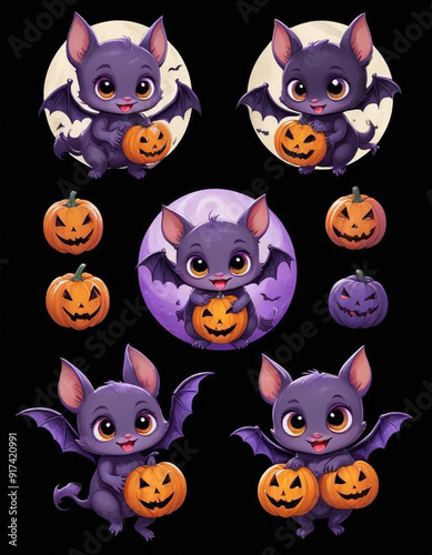 Cute baby bat like creatures or characters in various Halloween themed poses