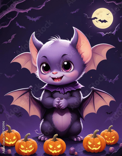Cute baby bat like creatures or characters in various Halloween themed poses