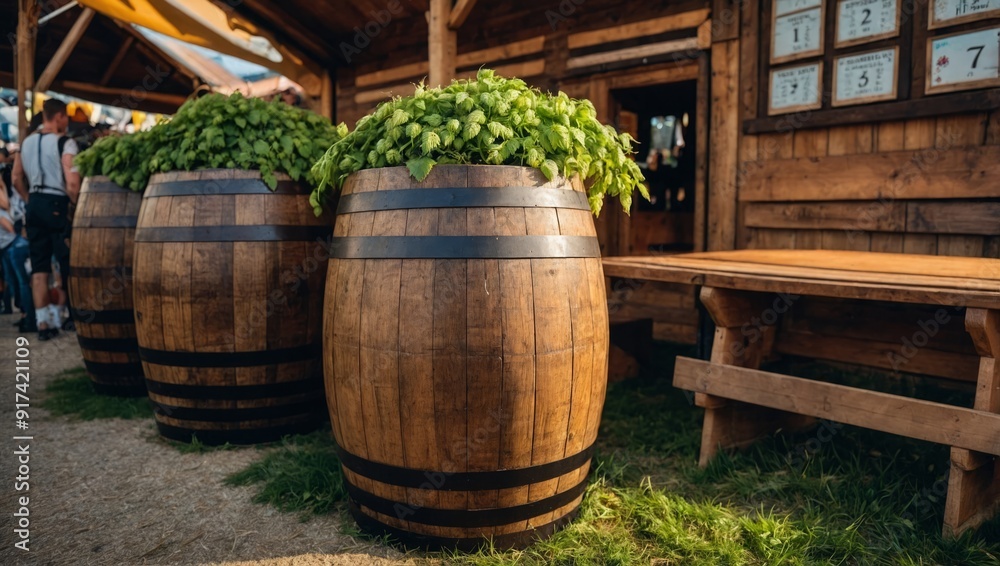 Fototapeta premium Wooden barrel with hops