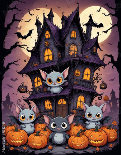 Cute baby bat like creatures or characters in various Halloween themed poses