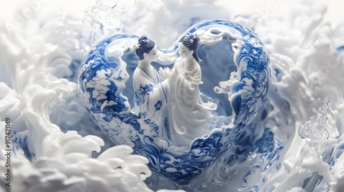 The shape of the heart is made up of blue and white porcelain, with two people standing in it, surrounded by clouds