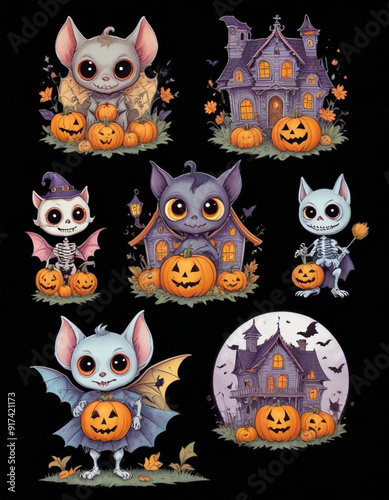 Cute baby bat like creatures or characters in various Halloween themed poses