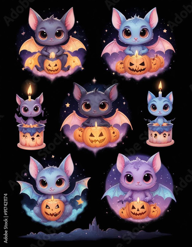 Cute baby bat like creatures or characters in various Halloween themed poses
