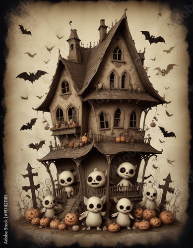 Cute baby bat like creatures or characters in various Halloween themed poses
