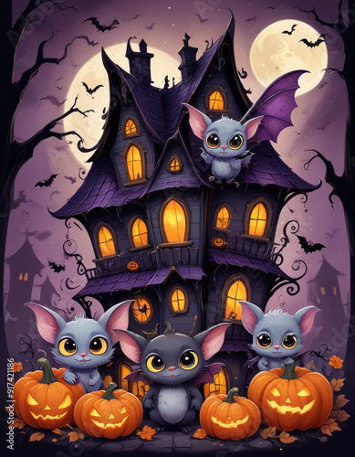 Cute baby bat like creatures or characters in various Halloween themed poses