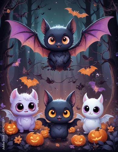 Cute baby bat like creatures or characters in various Halloween themed poses