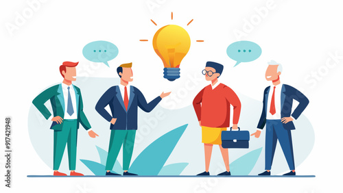 Effective communication, meeting discussion or conversation solution, speak or telling intelligence information, male team opinion new idea concept, business people only male discuss with lightbulb sp