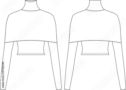 turtleneck high neck long sleeve cropped crop blouse top sweater knitwear template technical drawing flat sketch cad mockup fashion woman design style model
