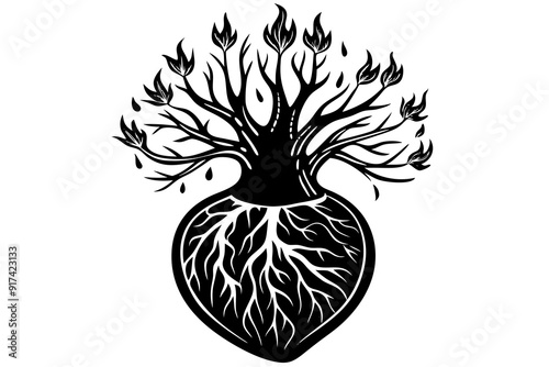 Fire that is in black color in the middle of a water ball all of this inside a tree and all of this inside human heart vector illustration