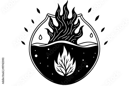 Fire that is in black color in the middle of a water ball all of this inside a tree and all of this inside human heart vector illustration