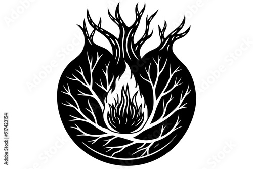 Fire that is in black color in the middle of a water ball all of this inside a tree and all of this inside human heart vector illustration