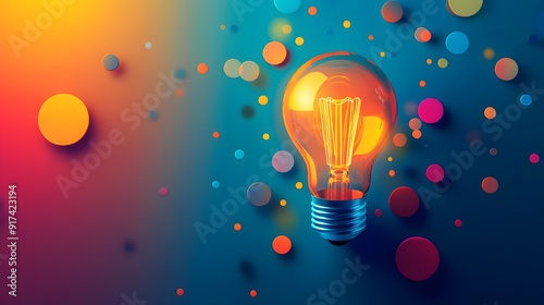 Creative idea concept with a light bulb on a blue background, in a flat lay, with colorful circles and shapes in orange and yellow colors, a simple illustration in a flat design
