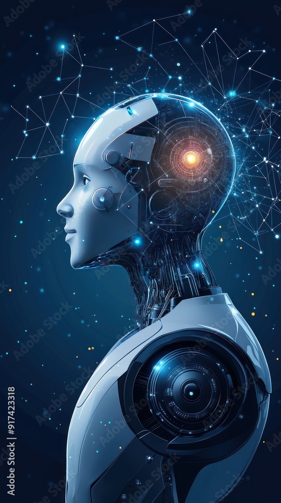 A Futuristic Robot with a Glowing Mind, Connected to a Network of Data A Futuristic Robot with a Glowing Mind, Connected to a Network of Data