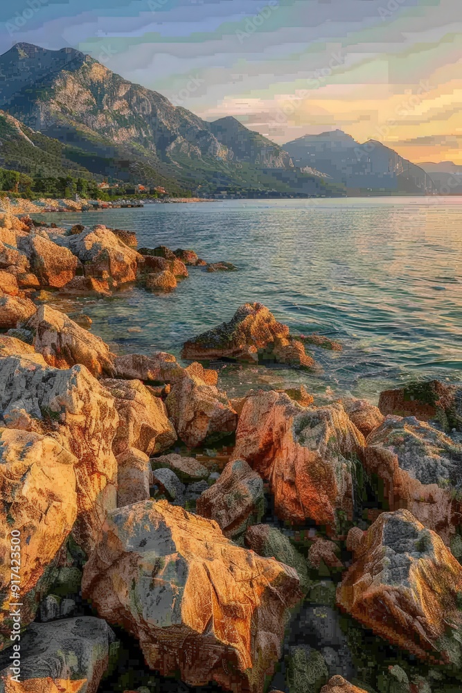 Rocky coastline at sunset with mountains in the background Rocky coastline at sunset with mountains in the background