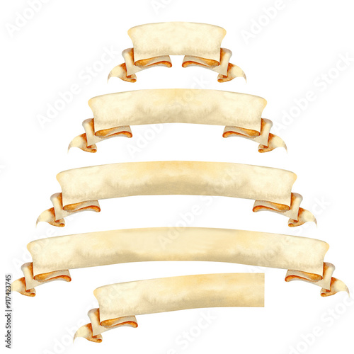 Set of vintage blank beige ribbons for decorative text ancient design in various lengths. Watercolor illustration of an scroll manuscript. Rolled paper banner templates in pastel beige, brown colors