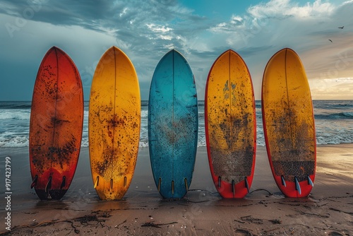 Surfboards line the beach