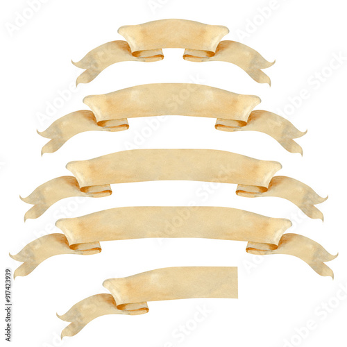 Set of vintage blank beige ribbons for decorative text ancient design in various lengths. Watercolor illustration of an scroll manuscript. Rolled paper banner templates in pastel beige, brown colors
